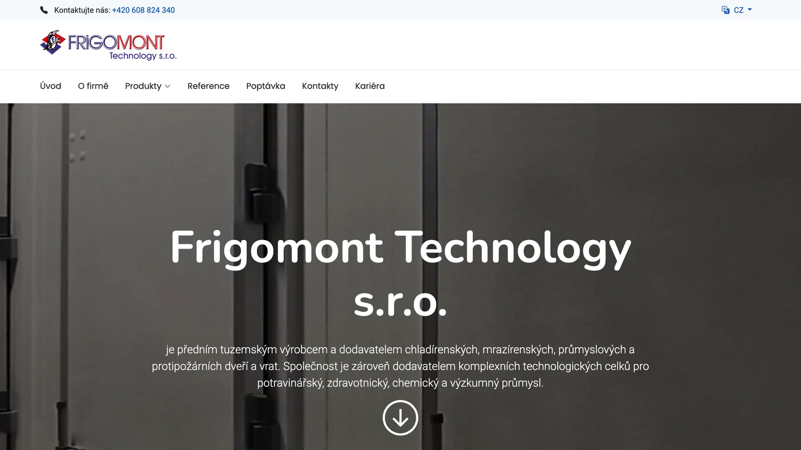 Původní web Frigomont Technology: rozostřená fotka dveří, přes ni vycentrovaný název firmy a odstavec textu.